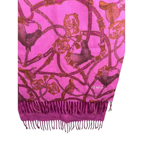 Fendi Equestrian Horse Print Fringed Scarf Fuchsia & Brown - Picture 3 of 12